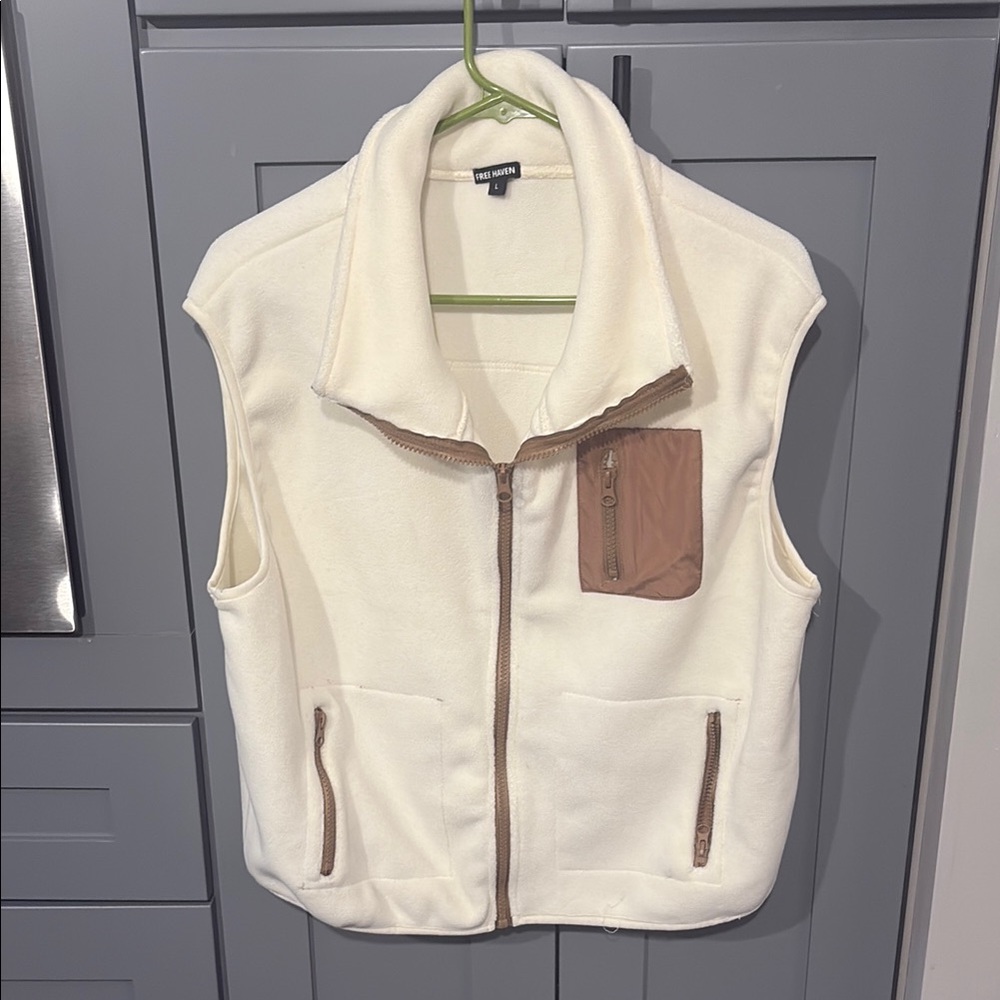 Cream Fleece Vest with Tan Accents